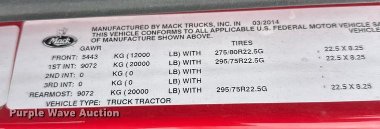 image for item FK1559 2015 Mack CXU613 semi truck