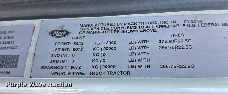 image for item FK1575 2015 Mack CXU613 semi truck
