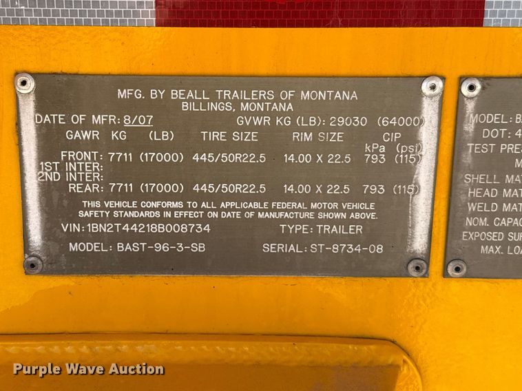 image for item NK9188 2008 Beall BAST-96-3-SB tank trailer