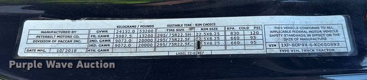 image for item YA1814 2019 Peterbilt 579 semi truck