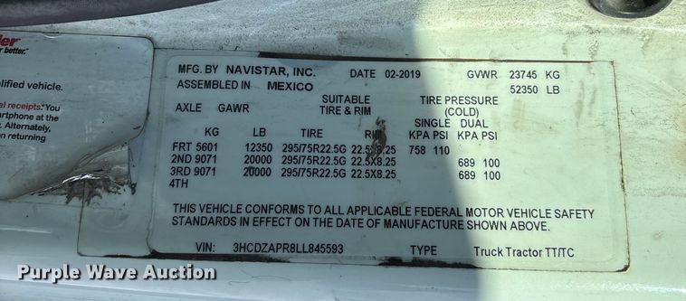 image for item YA2099 2020 International LT625 semi truck