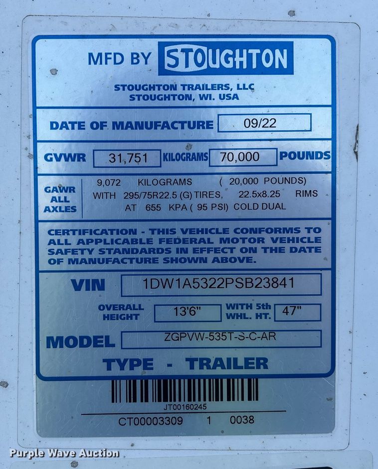 image for item YA2406 2023 Stoughton ZGPVW-535T-S-C-AR dry van trailer