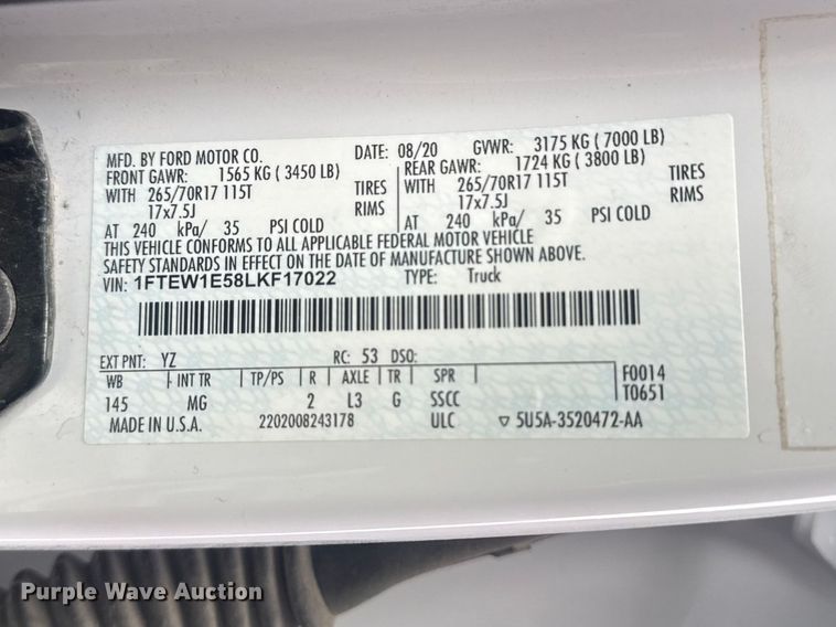 image for item DO8489 2020 Ford F150 Crew Cab pickup truck