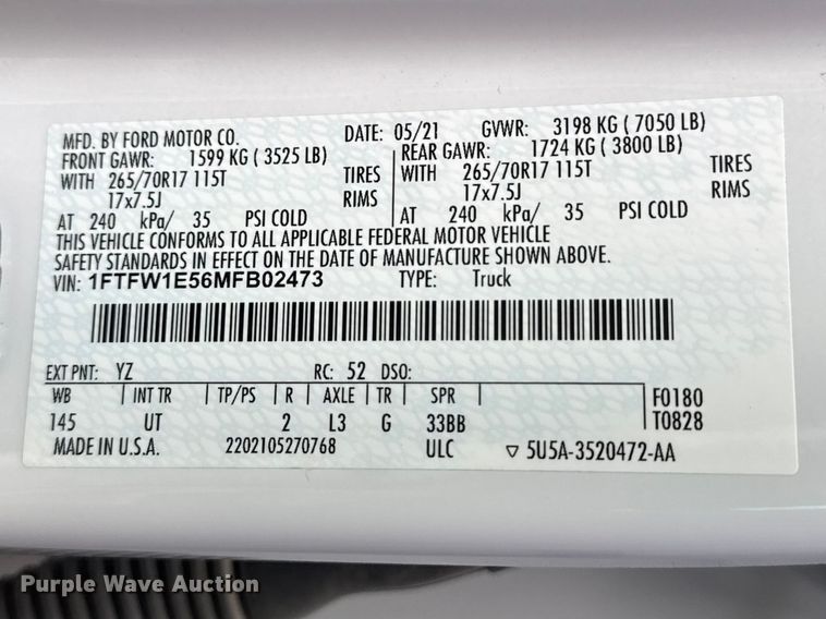 image for item DO8490 2021 Ford F150 Crew Cab pickup truck