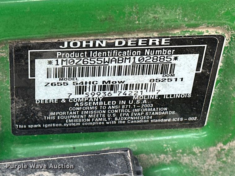 image for item DQ7761 2011 John Deere Z655 ZTR lawn mower