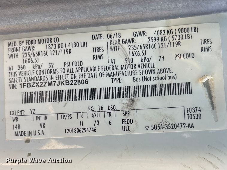 image for item DT0119 2018 Ford Transit 350 van