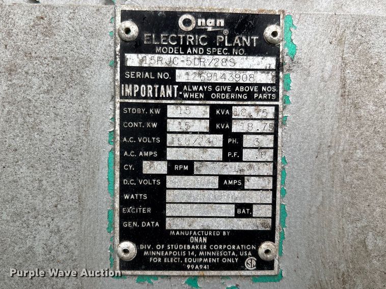 image for item DU0455 Onan 15RJC-5DR/28S generator