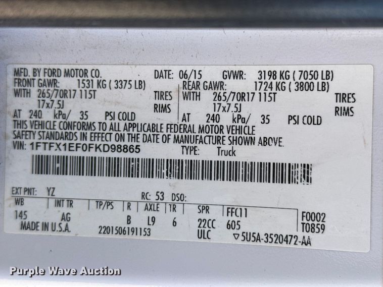 image for item DZ5402 2015 Ford F150 Ext. Cab pickup truck