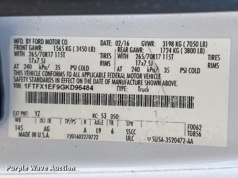 image for item DZ5411 2016 Ford F150 Ext. Cab pickup truck