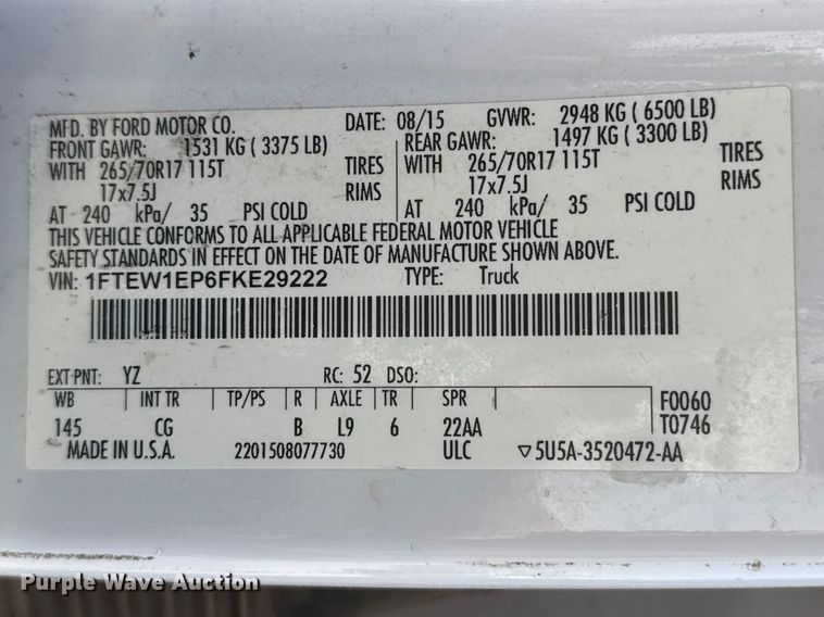 image for item DZ5418 2015 Ford F150 Crew Cab pickup truck