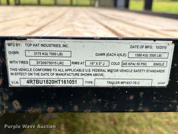 image for item EA7268 2017 Top Hat Industries MP18X7-7E-C utility trailer
