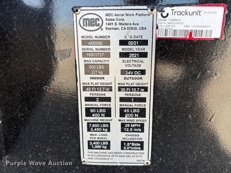 image for item ED0001 2021 MEC 4555SE scissor lift