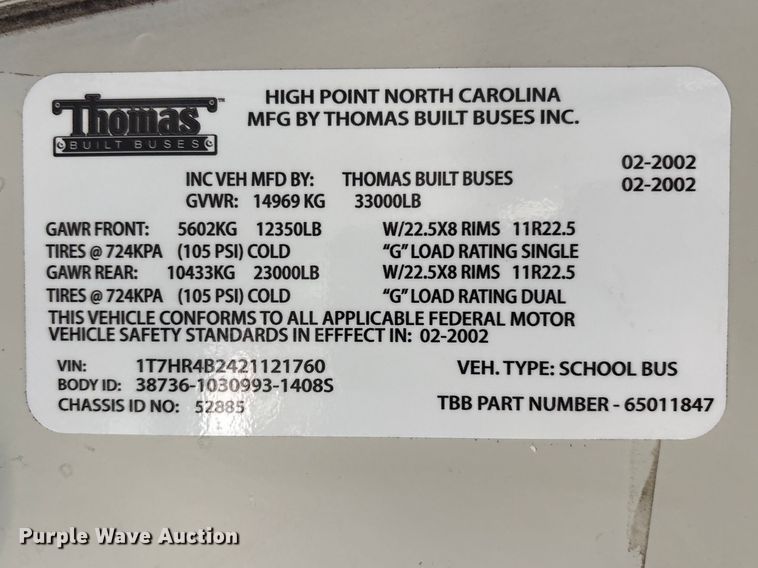 image for item EG8905 2002 Thomas Built Saf-T-Liner school bus