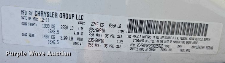 image for item ET1387 2012 Dodge Grand Caravan handicap accessible van