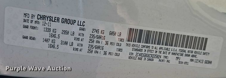 image for item ET1388 2012 Dodge Grand Caravan handicap accessible van