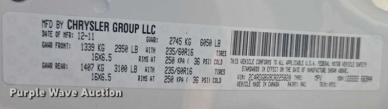 image for item ET1392 2012 Dodge Grand Caravan handicap accessible van