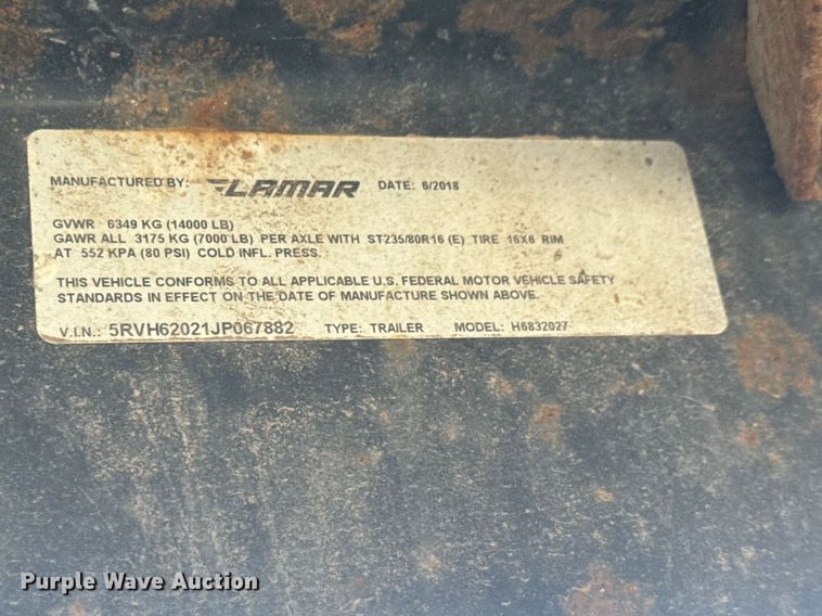 image for item ET1921 2018 Lamar H6832027 equipment trailer