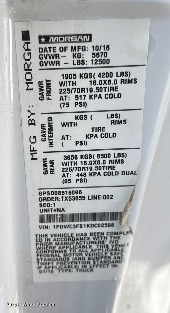 image for item ET4448 2019 Ford E350 Super Duty box truck