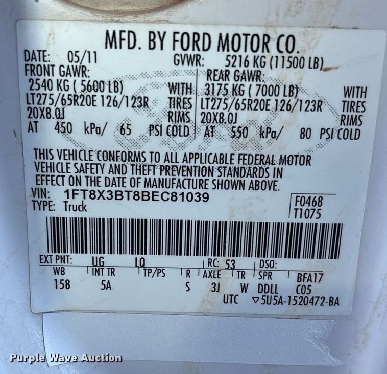 image for item EU4843 2011 Ford F350 Super Duty  Ext. Cab pickup truck