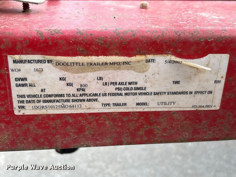 image for item FB3378 2005 Doolittle utility trailer