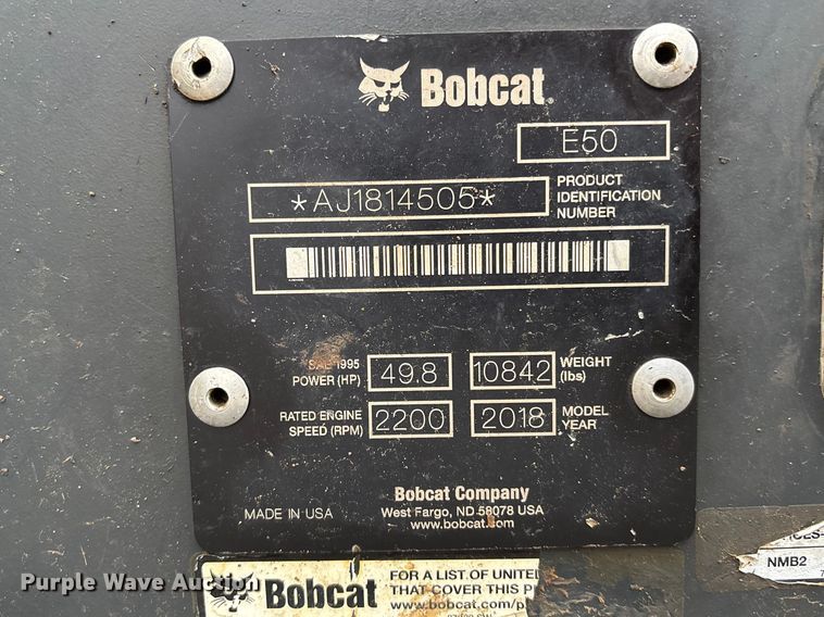 image for item FC4529 2018 Bobcat E50 mini excavator