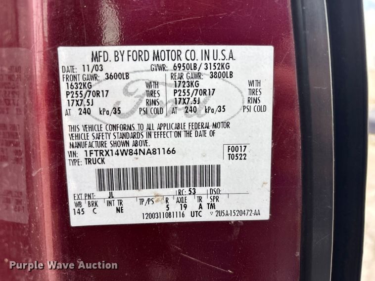 image for item FC4583 2004 Ford F150 Ext. Cab pickup truck