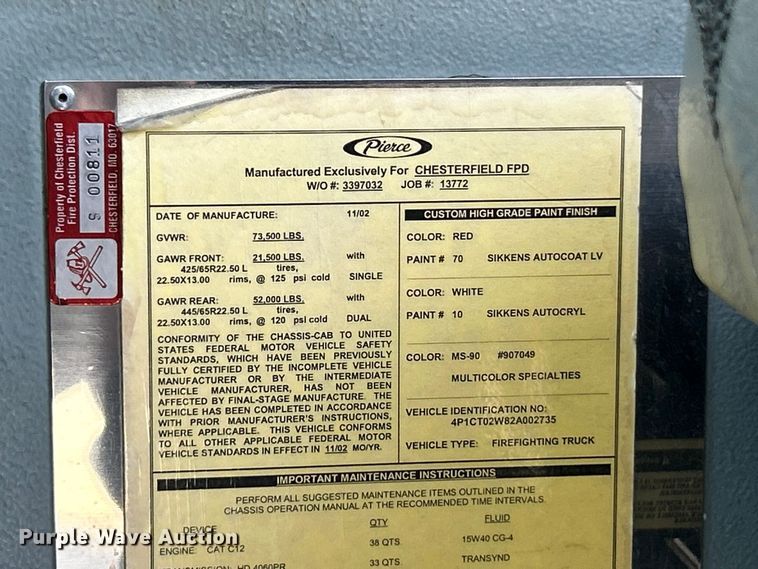 image for item FC5311 2002 Pierce Manufacturing aerial platform fire truck