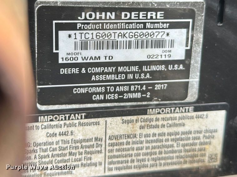 image for item FK0026 2019 John Deere 1600 Turbo Series III lawn mower