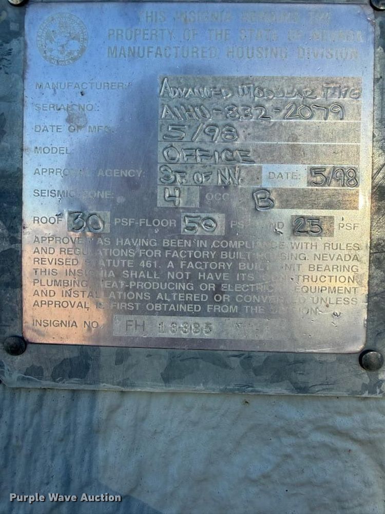 image for item IH9459 1998 Advanced Modular MFG mobile office trailer