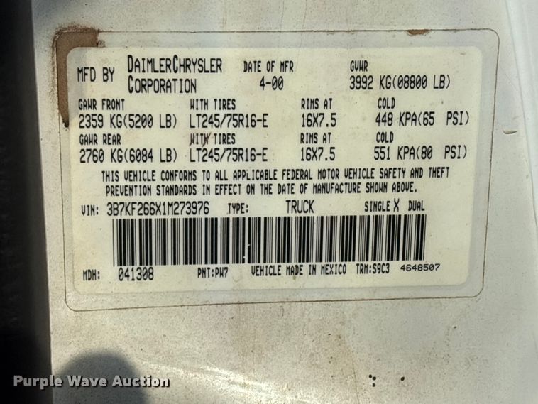 image for item NK9054 2001 Dodge Ram 2500 bale bed pickup truck