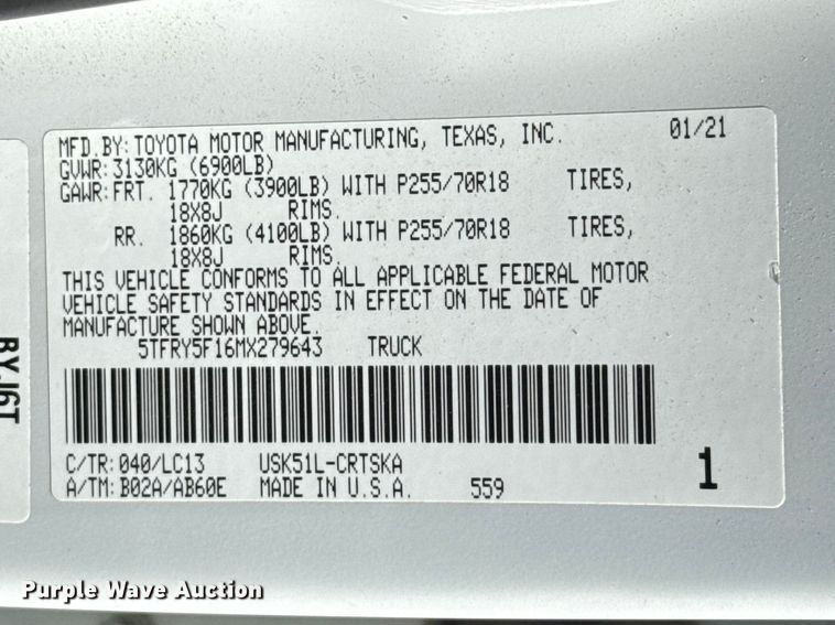 image for item NK9150 2021 Toyota Tundra Crew Cab pickup truck