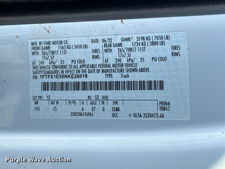 image for item NK9153 2022 Ford F150 Ext. Cab pickup truck