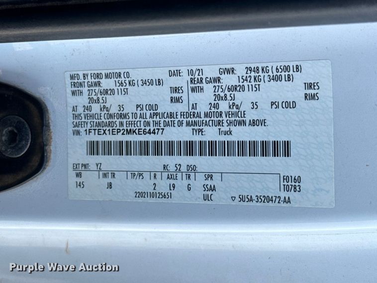 image for item NK9154 2021 Ford F150 Ext. Cab pickup truck