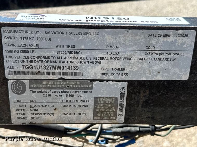 image for item NK9180 2021 Salvation Trailers Mfg. TA BRK utility trailer