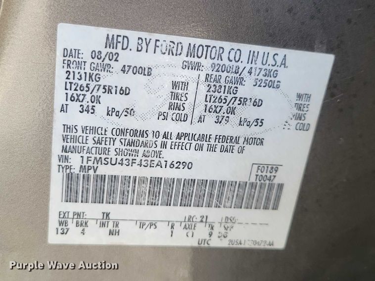 image for item NK9996 2003 Ford Excursion SUV