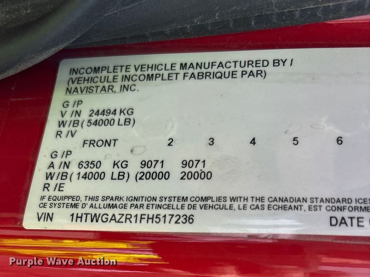 image for item YA2648 2015 International 7400 tanker fire truck