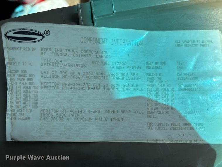 image for item DT2881 2004 Sterling LT7500 vacuum truck