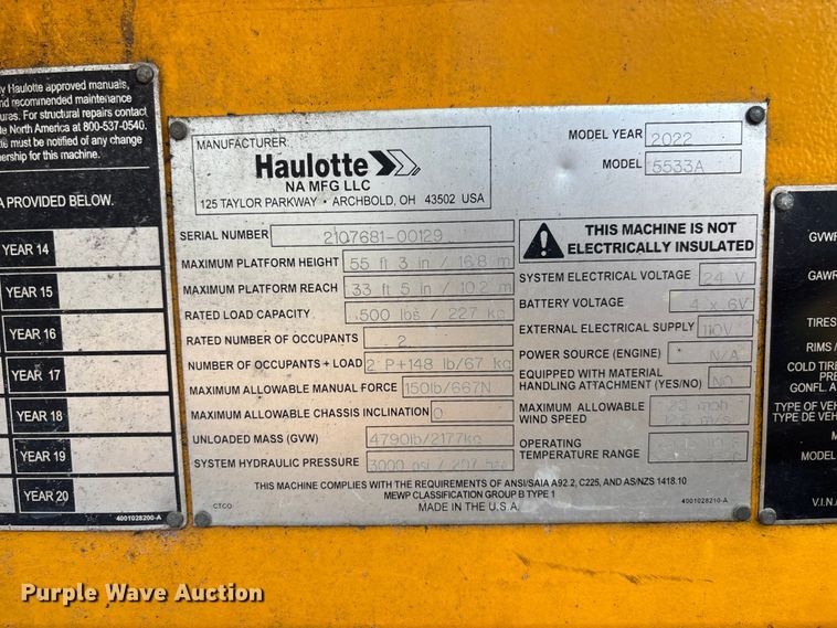 image for item DU0461 2022 Haulotte 5533A boom lift