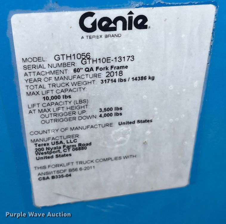 image for item EF1088 2018 Genie GTH-1056 telehandler