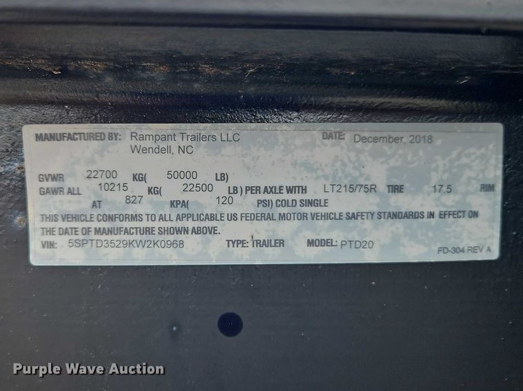 image for item EO7203 2019 Rampart PTD20 equipment trailer