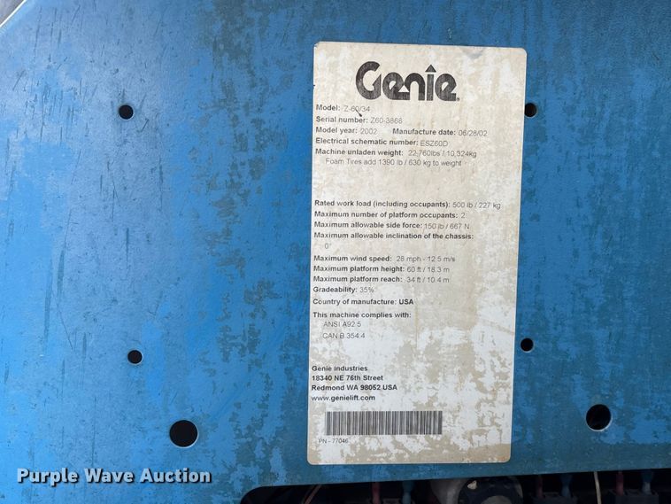 image for item ER7513 2002 Genie Z60/34 boom lift