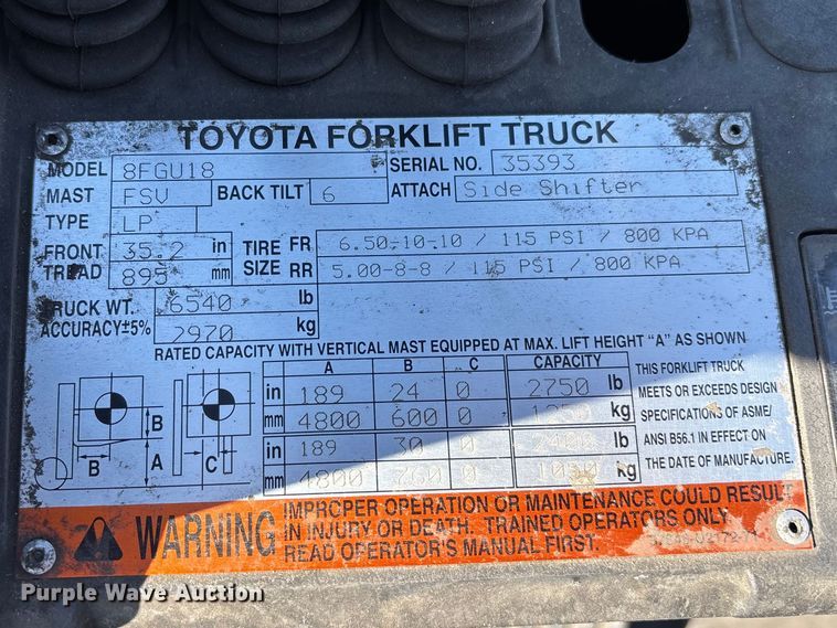 image for item ER7535 2013 Toyota 8FGU18 forklift