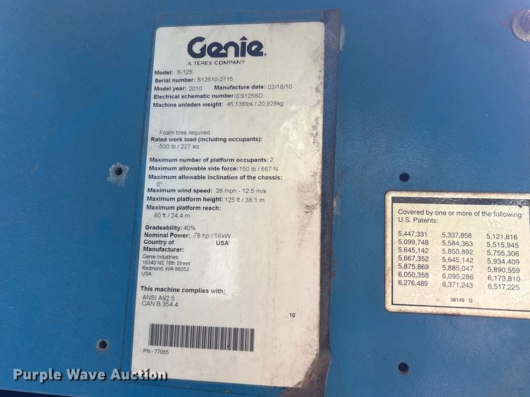 image for item ES8741 2010 Genie S-125 boom lift