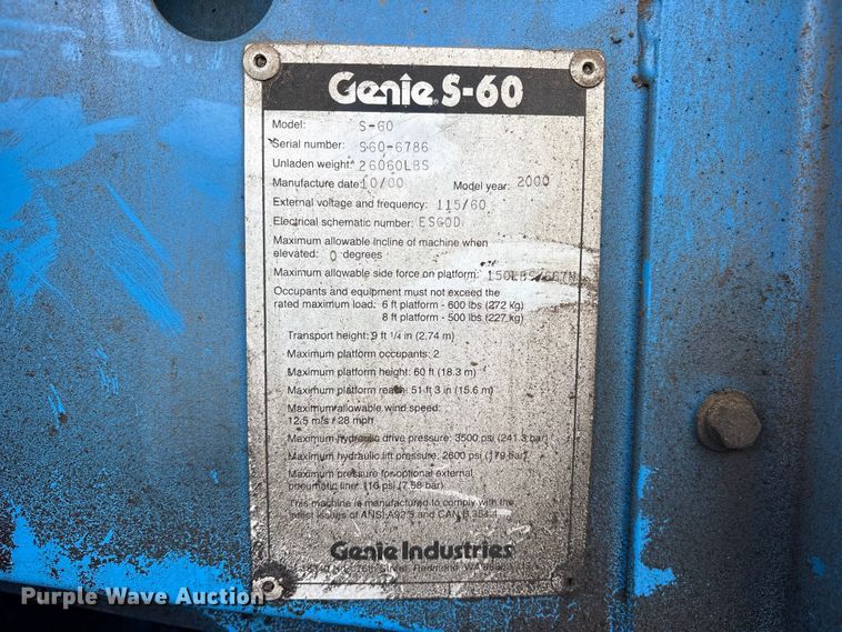 image for item ES8744 2000 Genie S-60 boom lift