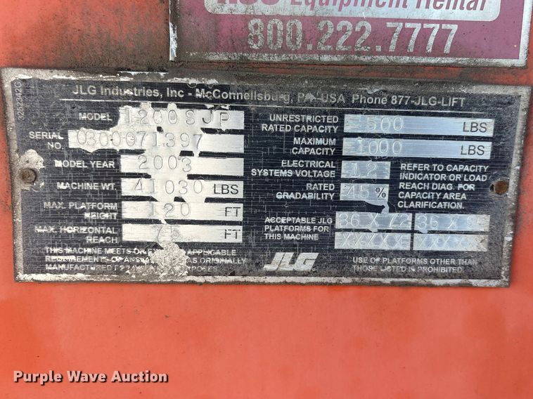 image for item EV2907 2003 JLG 1200SJP boom lift