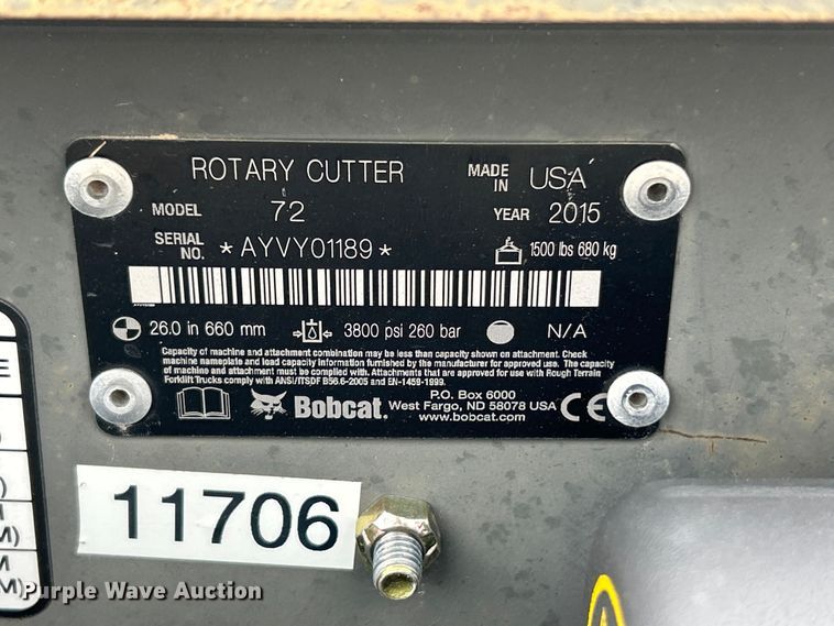 image for item FC5332 2015 Bobcat 72 skid steer rotary mower