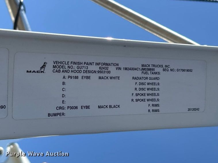 image for item FC5567 2018 Mack GU713 dump truck