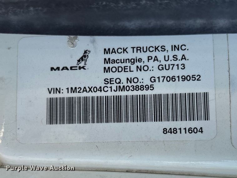 image for item FC5567 2018 Mack GU713 dump truck