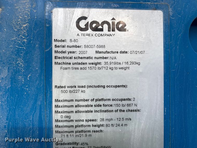image for item FK1274 2007 Genie S-80 boom lift