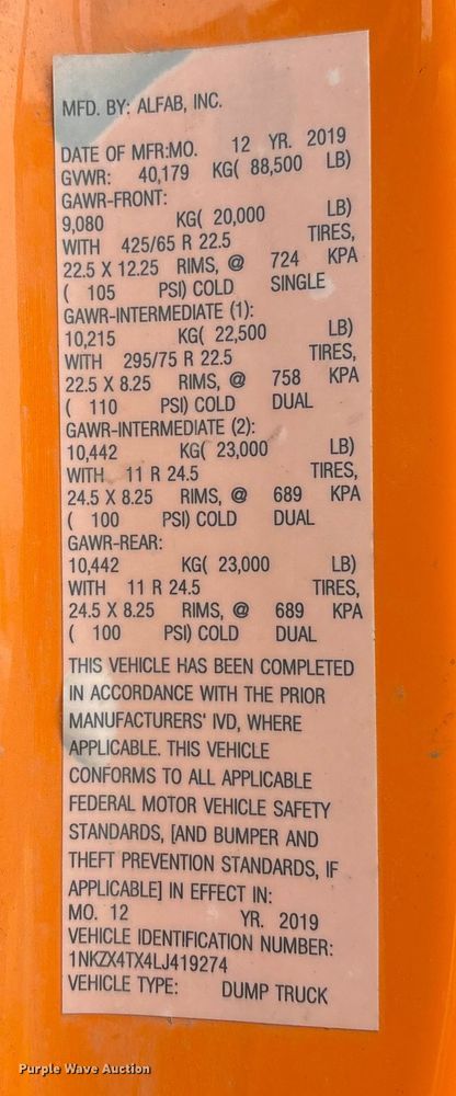 image for item YA2031 2020 Kenworth T880 dump truck